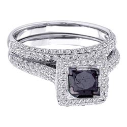 14kt White Gold Round Diamond Blue Sapphire Bridal Wedding Ring Set 1-3/8 Cttw