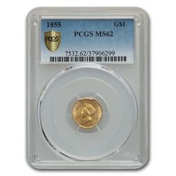 1855 $1 Indian Head Gold Type-II MS-62 PCGS