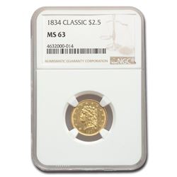 1834 $2.50 Classic Head Gold Quarter Eagle MS-63 NGC