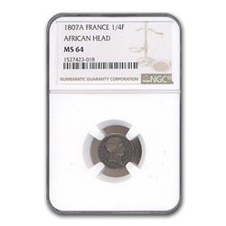 1807-A France 1/4 Franc Napoleon African Head MS-64 NGC