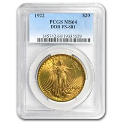 1922 $20 Saint-Gaudens Gold Double Eagle MS-64 PCGS (DDR FS-801)