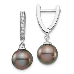 14k White Au Round Tahitian Pearl Diam Dangle Earrings - 9-10 mm