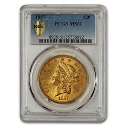 1857 $20 Liberty Gold Double Eagle MS-61 PCGS