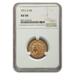 1911-S $5 Indian Gold Half Eagle AU-58 NGC