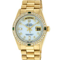 Rolex Mens 18K Yellow Gold MOP String Diamond & Emerald Quickset President Wrist