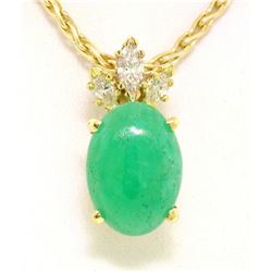 18k Yellow Gold Oval Green Jade & Marquise Diamond Pendant w/ 14k Wheat Chain