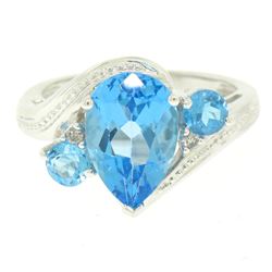 14k White Gold 4.33 ctw Pear & Round Swiss Blue Topaz Ring w/ 2 Diamond Accents