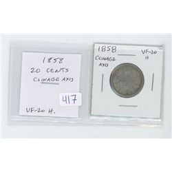 1858 Coinage Axis 20 cents VF-20 holed for suspension. Canada’s only 20 cents coin.