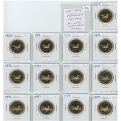 Lot of 13 Proof loonies: 1987, 1988, 1989, 1990, 1991, 1992, 1993, 1994, 1995, 1996, 1997, 1998, 199