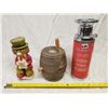 Image 1 : TWO BOTTLES, ONE DECANTER (BARRELL & FIRE EXTINGUISHER SHAPED)