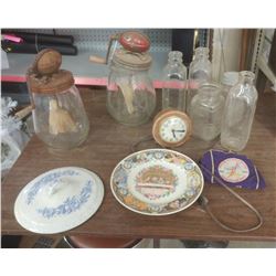 TWO BUTTER CHURNS (BOTH CRACKED), MILK BOTTLES, JARS, ETC.