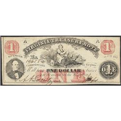 1862 $1 Virginia Treasury Note Obsolete Note