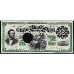 1870 $2 Jackson, State of Mississippi Obsolete Note