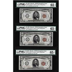 (3) Consec. 1934 $5 Hawaii WWII Emergency Issue Federal Reserve Notes PMG Gem Unc 65EPQ