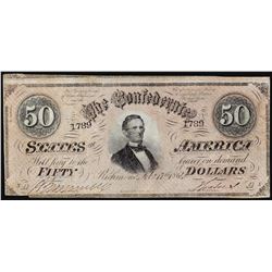 1864 $50 Confederate States of America Note