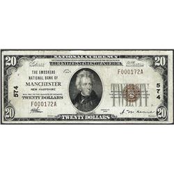 1929 $20 Amoskeag NB of Manchester, NH CH# 574 National Currency Note
