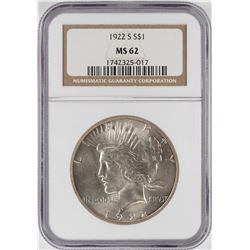 1922-S $1 Peace Silver Dollar Coin NGC MS62