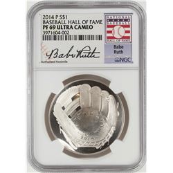 2014-P $1 Proof Baseball Hall of Fame Silver Coin  NGC PF69 Ultra Cameo Babe Ruth