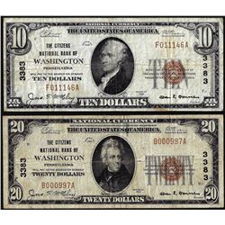 Lot of 1929 $10/20 Citizens NB Washington, PA CH# 3383 National Currency Notes