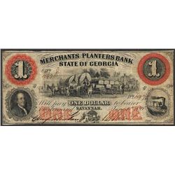 1859 $1 Merchants and Planters Bank Savannah, Georgia Obsolete Note