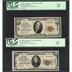 Lot of 1929 $10/20 NB of Washington, PA CH# 9901 National Currency Notes PCGS VF25