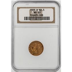1925-D $2 1/2 Indian Head Quarter Eagle Gold Coin NGC MS63