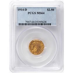 1914-D $2 1/2 Indian Head Quarter Eagle Gold Coin PCGS MS64