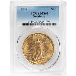 1908 No Motto $20 St. Gaudens Double Eagle Gold Coin PCGS MS62
