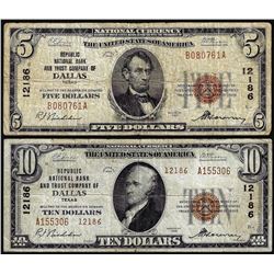 Set of 1929 $5/$10 NB of Dallas, TX CH# 12186 National Currency Notes