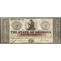 1862 $5 The State of Georgia Milledgeville Obsolete Note