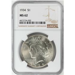 1934 $1 Peace Silver Dollar Coin NGC MS62