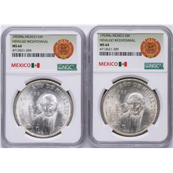 Lot of (2) 1953Mo Mexico Hidalgo Bicentennial 5 Pesos Silver Coins NGC MS64
