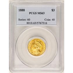 1888 $3 Indian Princess Head Gold Coin PCGS MS63