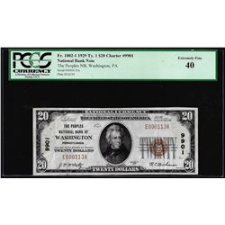 1929 $20 NB of Washington, PA CH# 9901 National Currency Note PCGS Extremely Fine 40