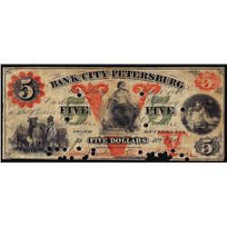 1861 $5 The Bank of the City of Petersburg Obsolete Note