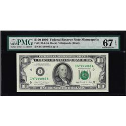 1990 $100 Federal Reserve Note Minneapolis Fr.2173-I PMG Superb Gem Unc 67EPQ