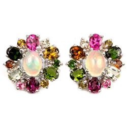 NATURAL WHITE OPAL & MULTI COLOR TOURMALINE Earring