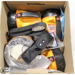 BOX OF ASSORTE NEW ITEMS, FLASHLIGHTS, DRILL BITS