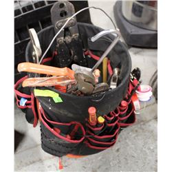 BUCKET WITH HUSKY COVER FULL OF PLUMBER TOOLS.
