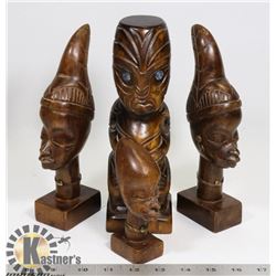 SET OF 4 HAND CARVED NEW ZEALAND TEKO FIGURES.