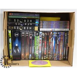 BOX OF ABOUT 100 DVDS INCL HEROES SEASON SETS 1-3,