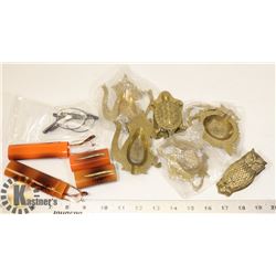 BOX OF ASSORTED BRASS ITEMS AND 3 PAIRS OF READING