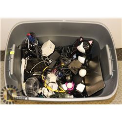 TOTE WITH ASSORTMENT OF ELECTRONICS AND WIRES.