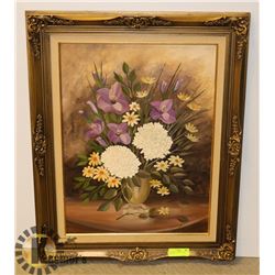 LARGE WHITE/PURPLE FLOWER PAINTING.