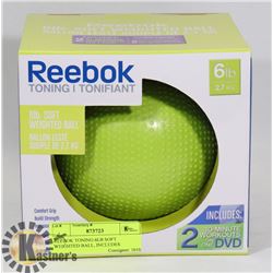 REEBOK TONING 6LB SOFT WEIGHTED BALL, INCLUDES