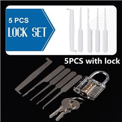 NEW 5 PC LOCK PICK KIT WITH CLEAR PLASTIC LOCK