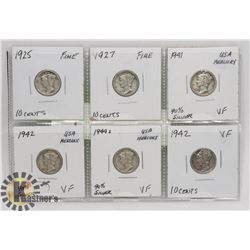 LOT OF 6 MERCURY 10 CENT USA COINS.