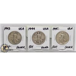 LOT OF 3 LIBERTY WALKING USA 50 CENT COINS.