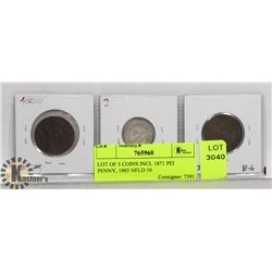 LOT OF 3 COINS INCL 1871 PEI PENNY, 1903 NFLD 10