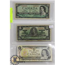 LOT OF 3 CANADIAN ONE DOLLAR BILLS.